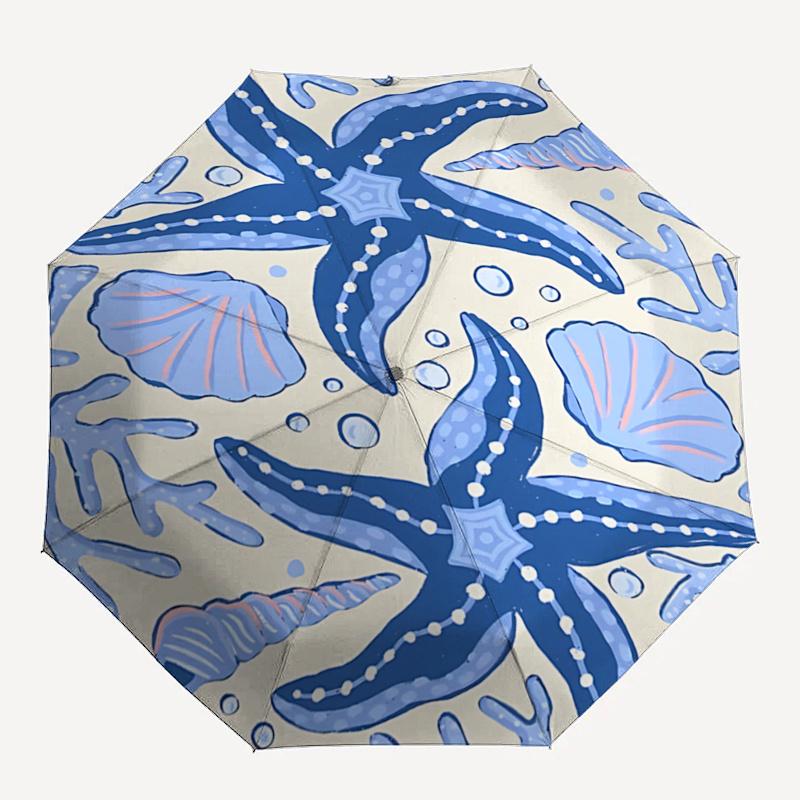 

Oceanic Starfish&Seashell Automatic Opening Folding Umbrella Portable 3 Fold Design with 8 Bone Iron Frame,Perfect for,Festive Gifts,