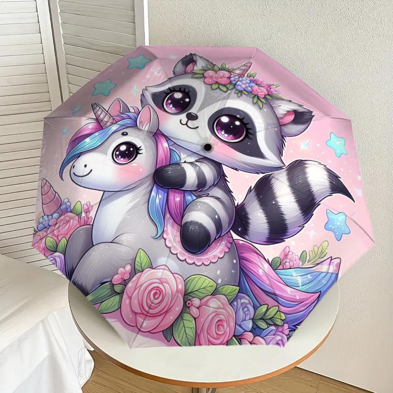 

1pc Raccoon Unicorn Floral Fantasy Umbrella with Plastic Handle,Suitable for All Seasons Home Travel Outdoor UmbrellaDD761