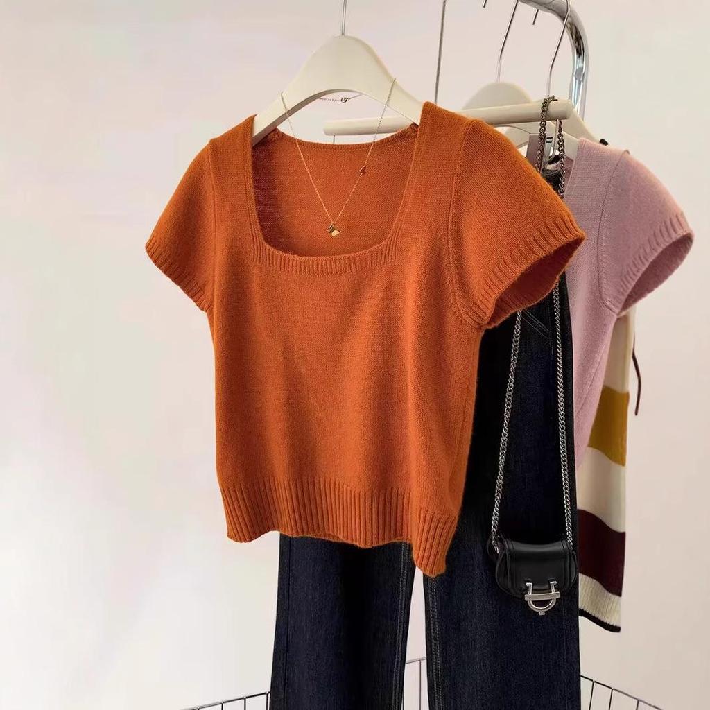 Women's Fashionable Short-Sleeve Knitted Sweater - Versatile, Slimming, and Trendy for Spring/Summer Casual Wear