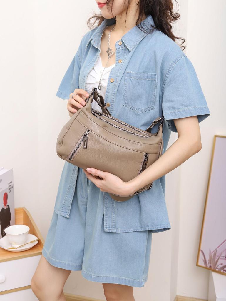 Dropped Pattern First Layer Cowhide Women Single Shoulder Crossbody Simple Multi-Compartment Dumpling Bag Large Capacity Aunt Mother Bag