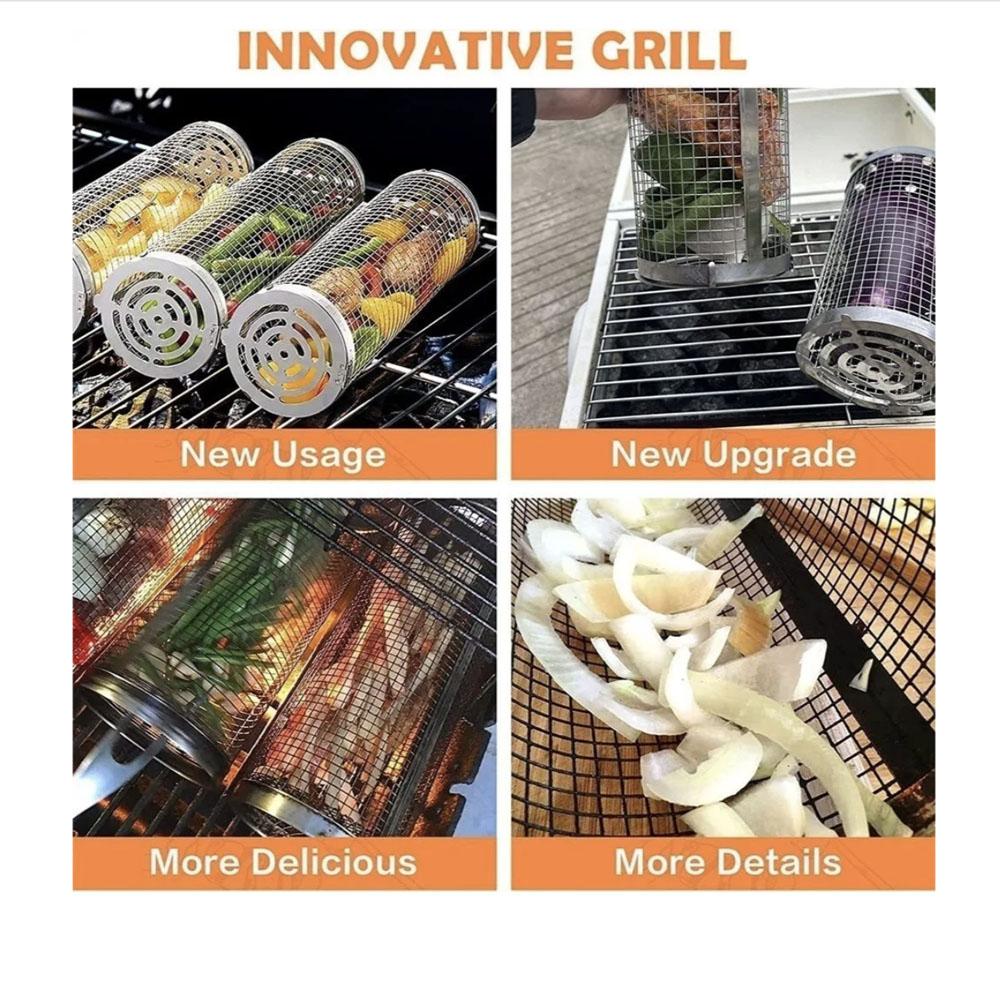 Rolling Grillkäfig Versorgung Grillkorb verbesserte Outdoor-BBQ Edelstahl Grillfass Grill-Tools