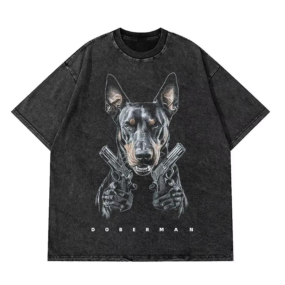 Lustiger Dobermann Hund Grafikdruck Vintage T-Shirt Streetwear Oversized Gewaschenes T-Shirt High Street Diablo Altes T-Shirt Hip Hop T-Shirts
