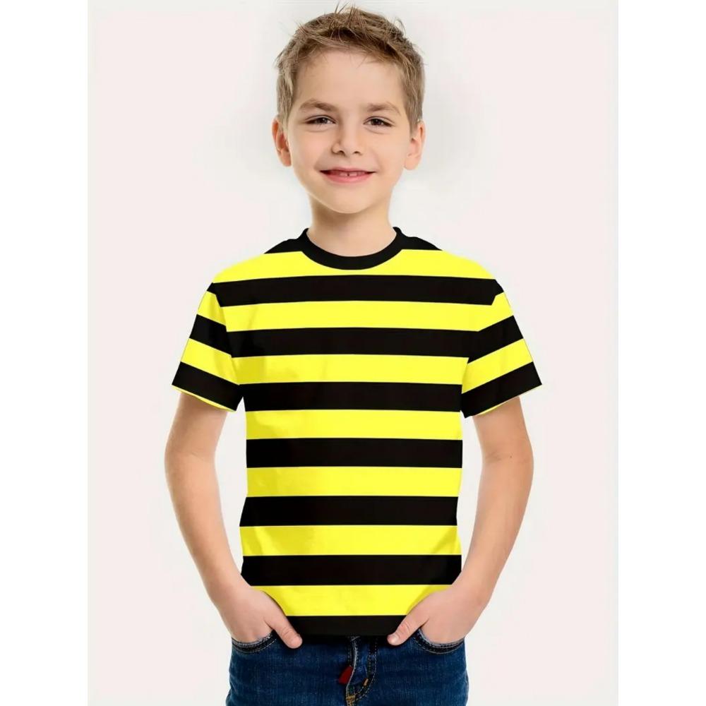 Children's clothing, solid color stripes, 3D printing, casual retro short sleeved T-shirt, summer round neck children's T-shirt