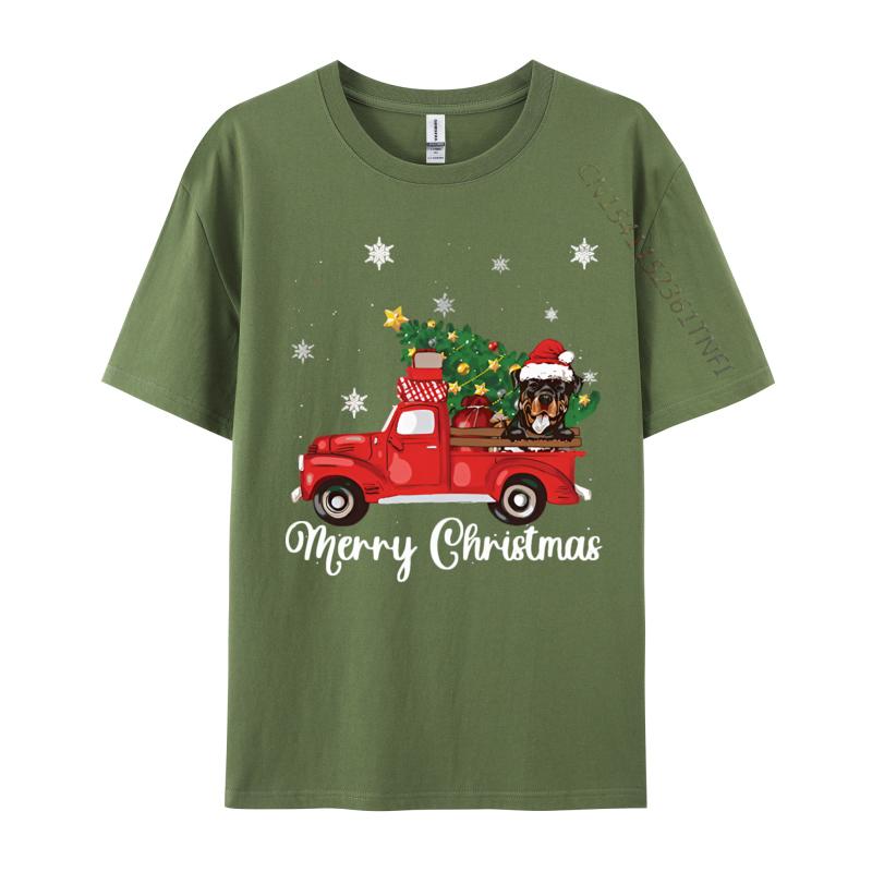 Rottweiler Dog Riding Red Truck Christmas Tshirt Novelty Tee Shirts Vintage Cotton Tops Tee Graphic T Shirts Men Cotton