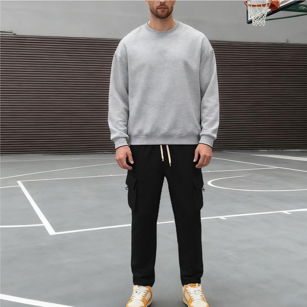 Men's Casual Sportswear Set Autumn/Winter Fleece-Lined Heavyweight Oversized Long-Sleeved Crew Neck Sweatshirt and Trousers Set
