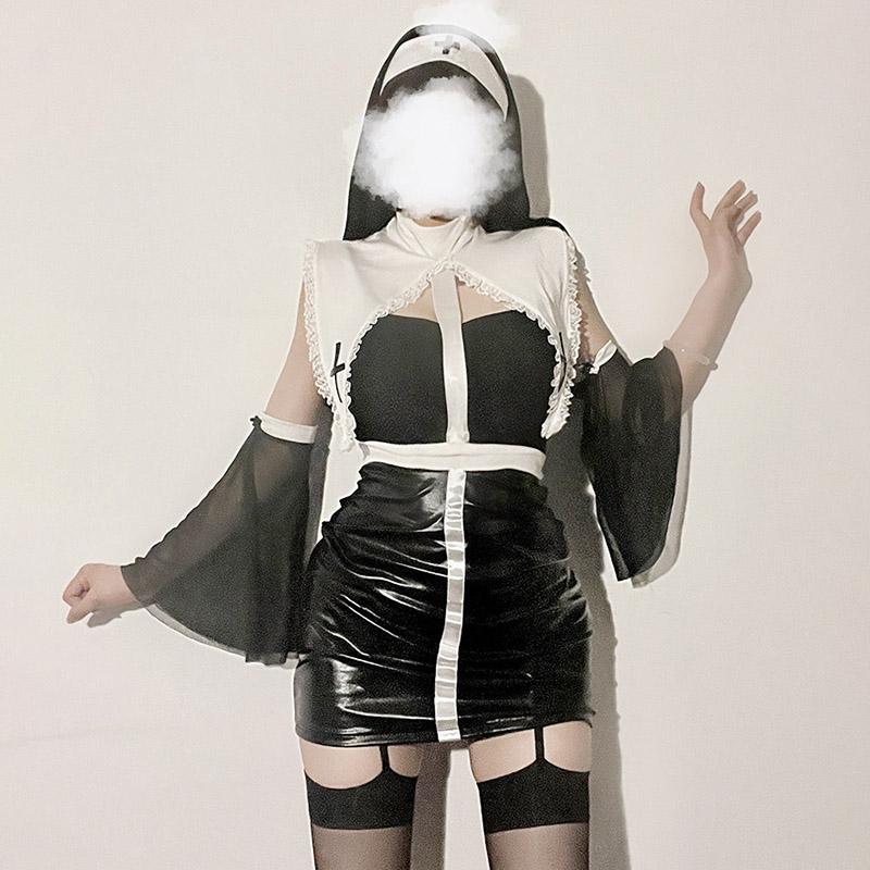 New Sexy Lingerie Europe and America Halloween Cosplay Costume Nun Uuit Leather Suit