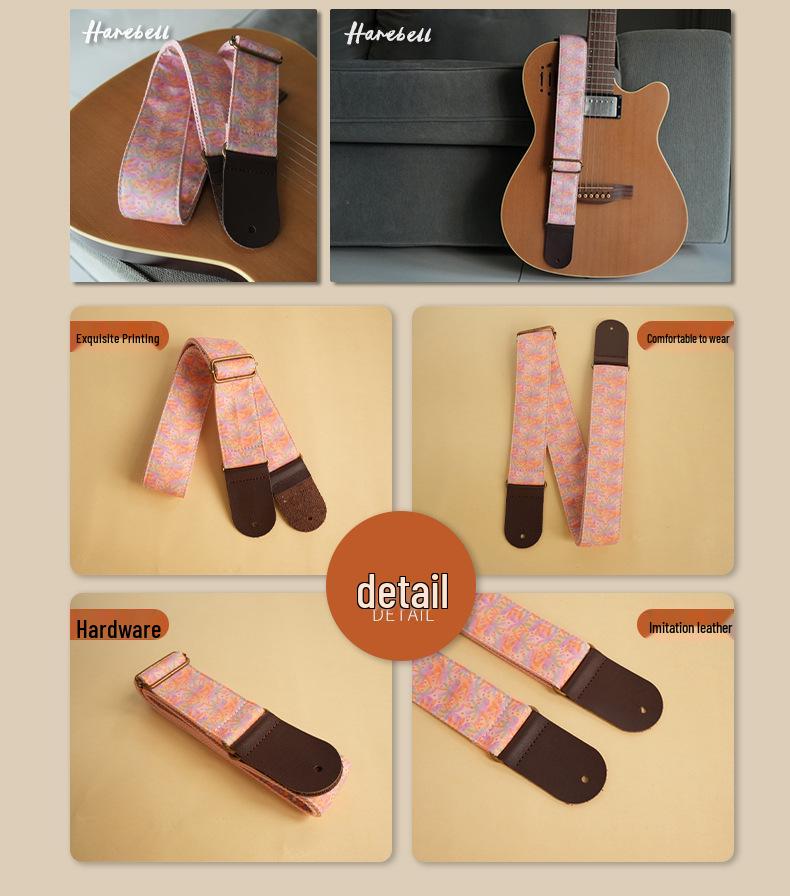Coconut Tree Pattern Guitar Strap with Bronze Buckle - Pink Shadow & Grey Vine Design