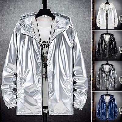 Männer Mit Kapuze Jacke Zipper Solide Mode Helle Schwarz Silber Farbe Hoodies Wasserdicht Frühling Herbst Elastische Manschette Mantel Streetwear