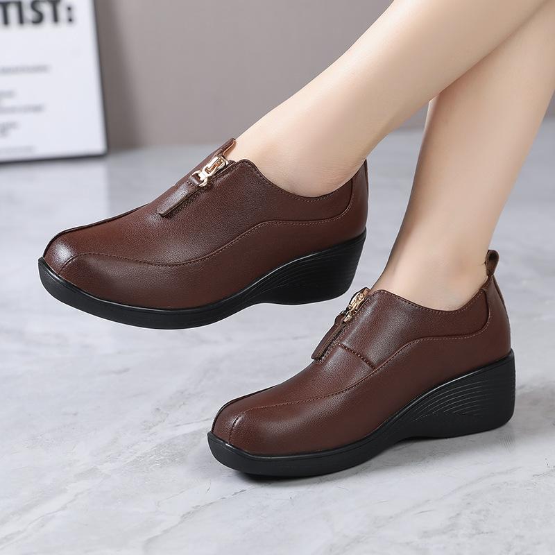 Fashion GKTINOO 2025 Autumn New Deep Mouth Real Leather Wedges Women's Shoes Soft Round Toe Front Zipper Women Mother Shoes Plus Size