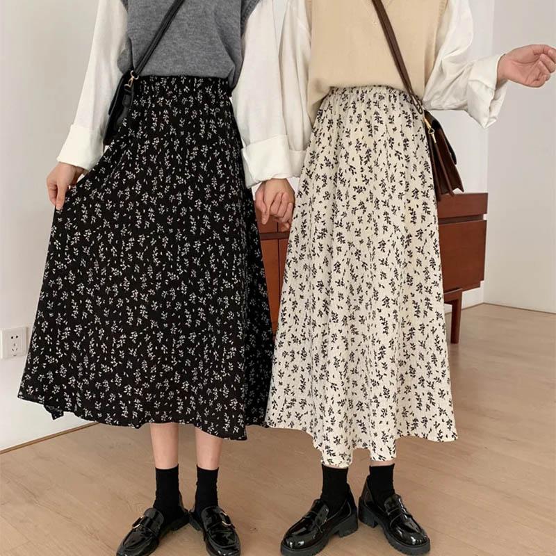 Floral Skirt Elastic Waist Chiffon Fabric Women's Knee Length A-line Skirt Retro Style Simple Casual Spring and Summer