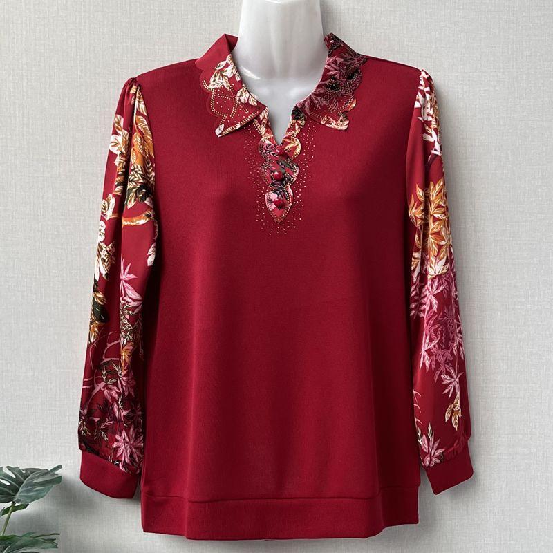 Spring Women's Polo Collar Printed T-Shirt Loose Long-Sleeve Pullover Plus-Size Blouse