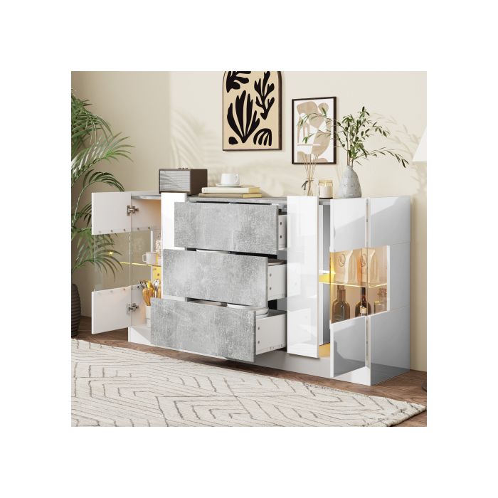 Buffet Élégant, 2 Portes Et 3 Tiroirs - Plateau En Marbre Blanc Et Gris Brillant, Éclairage LED 16 Couleurs, 140 X 35 X 75 Cm
