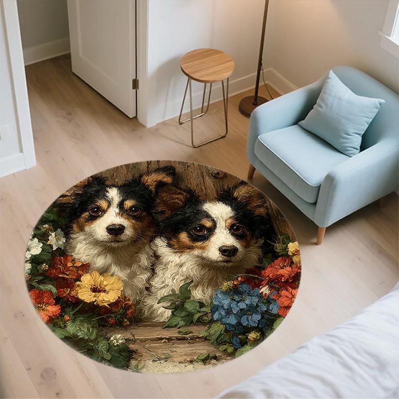 Door Frame Flower Dog,Round Area Rug,Carpet Rug for Living Room Bedroom Sofa Playroom Decor,Non-slip Floor Mat