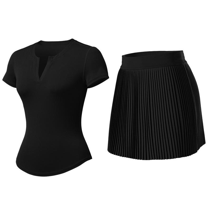 [Set] V-neck Open Top Women s Pleated Skirt Tennis Sports Fitness Anti-exposure Yoga Two-piece Set S