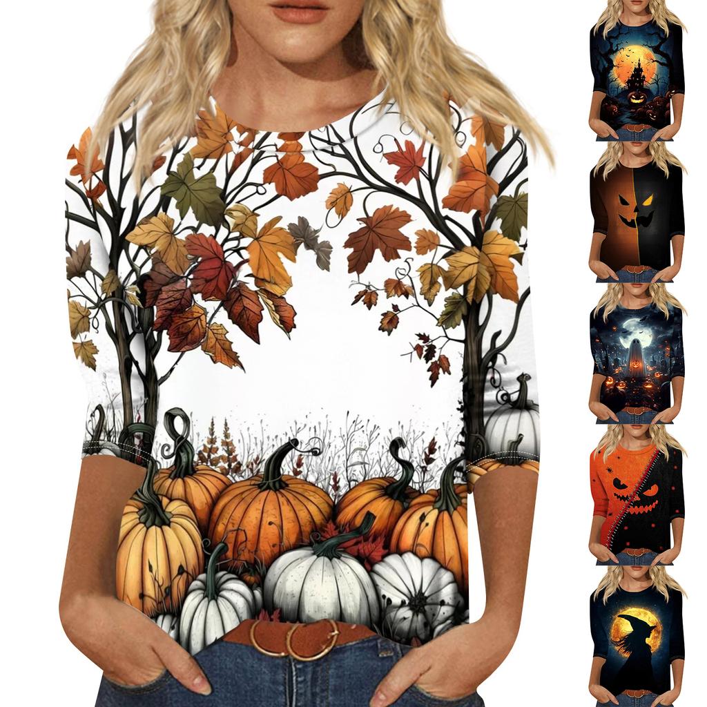 Women's Casual Halloween Printed T Shirt Fashion Round Neck Three Quarter Sleeve Top with Pumpkin Haunted House Design
