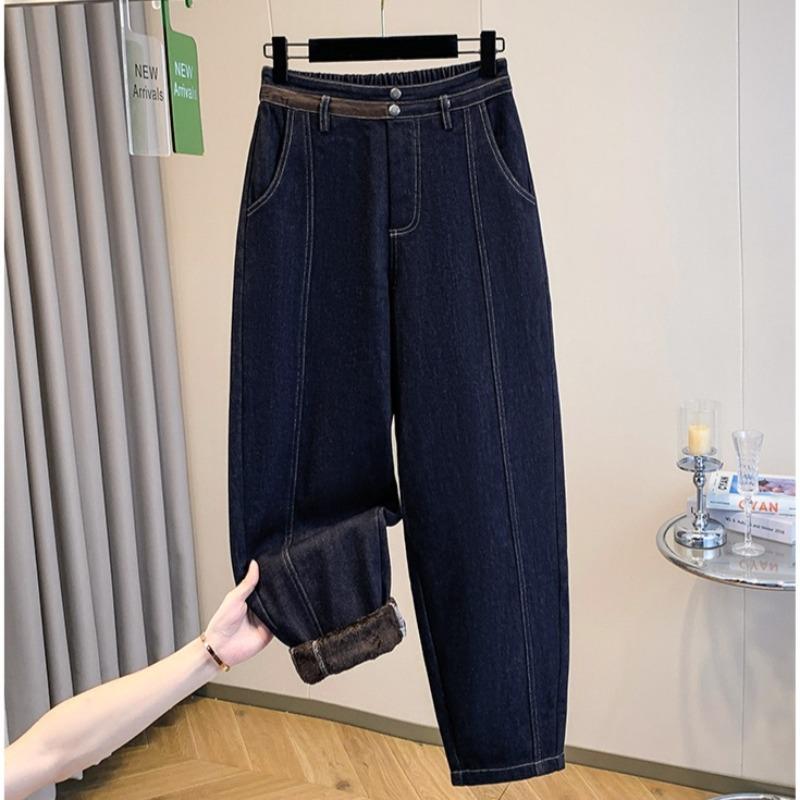 

DIMANAF 2025 Осень Зима Большой Размер Джинсы Утепленные Флисом Новые Женские Синие Винтажные Хлопковые Джинсовые Длинные Брюки 5XL синий