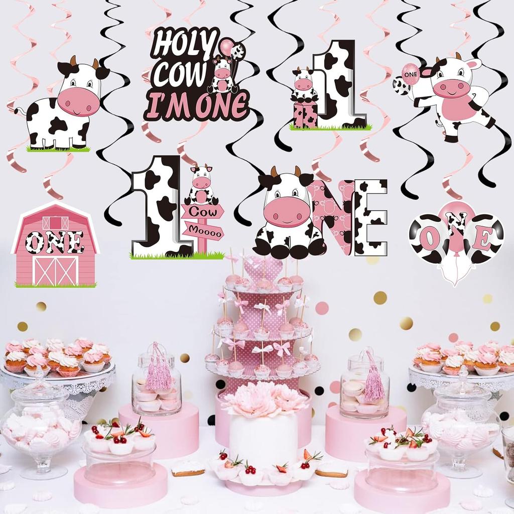 Holy Cow Im One Birthday Decorations Hanging Swirl for Baby Girl, Pink Cow First Birthday Foil Swirls Party Supplies, Baby 1st Bday Cow Theme Ceiling