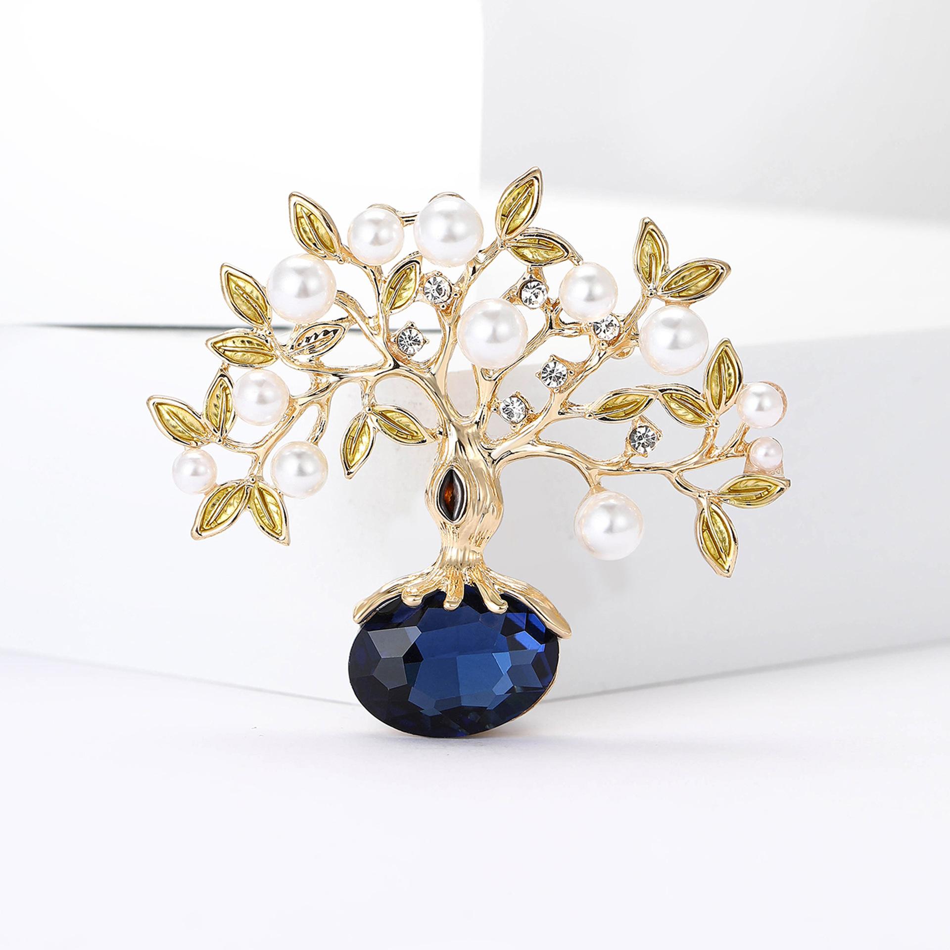

Fashion Creative Zircon Imitation Pearl Money Tree Colored Gemstones Brooches for Men Women Bring Good Luck Fortune Jewelry Gift синий