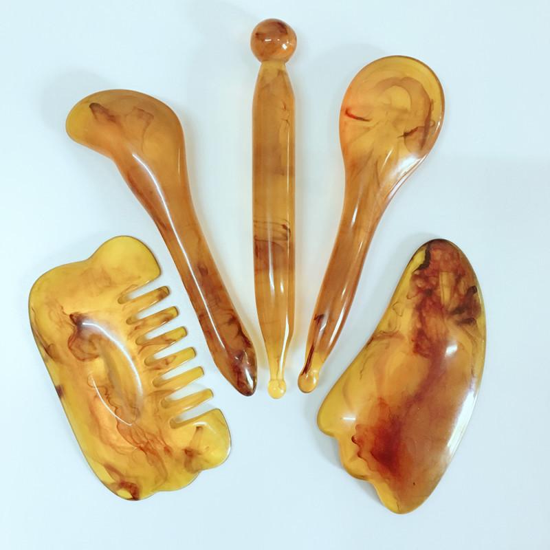 7Pcs / Set  Acupuncture SPA  Massager Antistress Scraping Board Resin Beeswax Amber Meridian Massage Tool Scraping Board Set