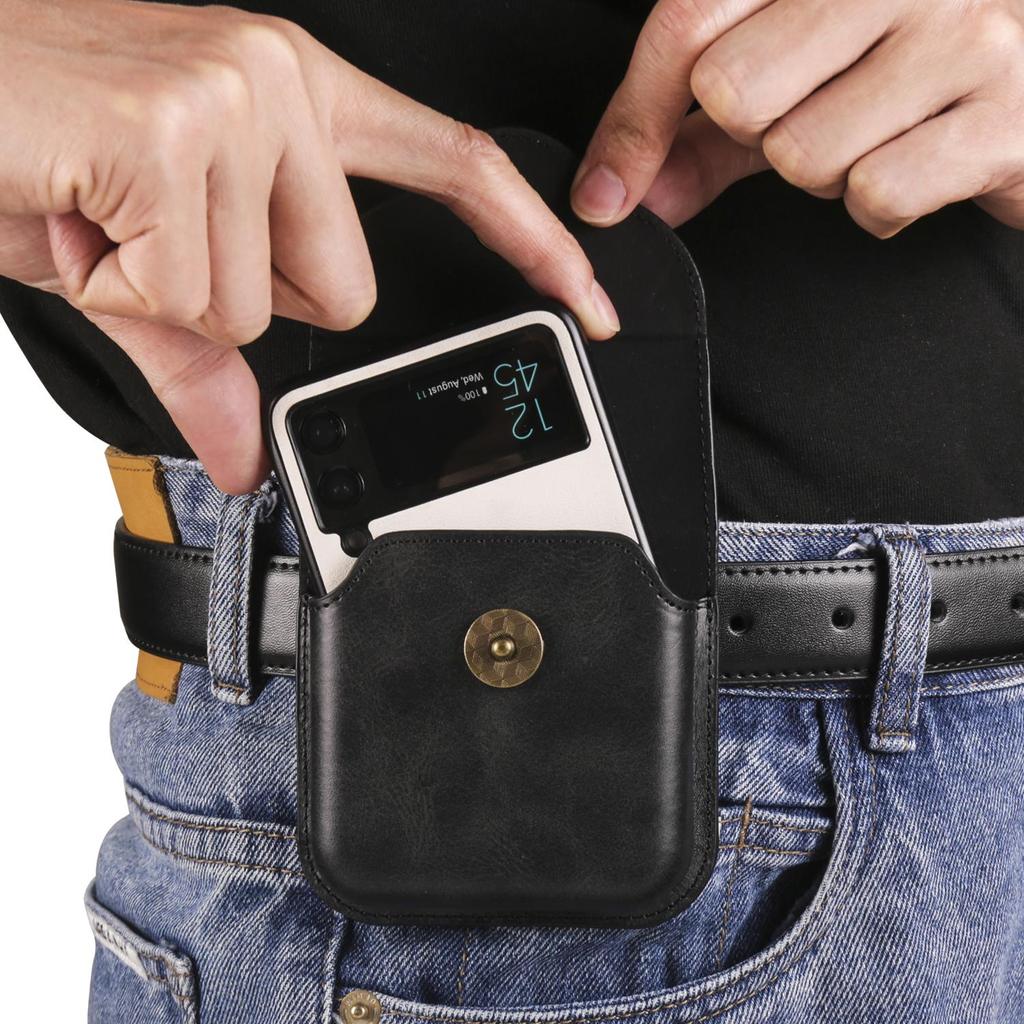 Luxury Leather Belt Clip Phone Case Men Waist Bag Cover For Samsung Z Flip6 Flip5 Moto Razr Oppo Vivo Tecno Honor Galaxy Flip 6 5 4 3 5G Holster Pouch