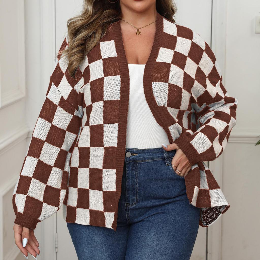 Women's Woolen Cardigan Plus Plus Women's Contrasting Color Patchwork Checkerboard Loose Casual Sweater Jacket
