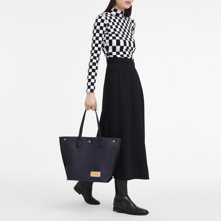 New LONGCHAMP Denim, Leather Trim Tote Bag, Shopping Bag, Handbag, Shoulder Bag Women's Dark Blue 10090HDOH06