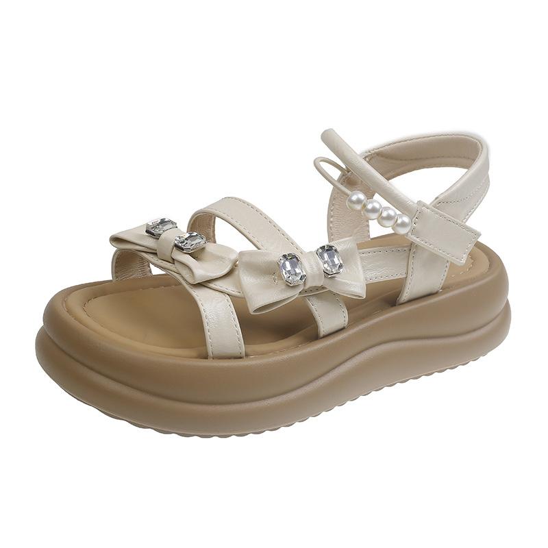 Rhinestone bow platform sandals women's summer wear new high-end one-word sandals