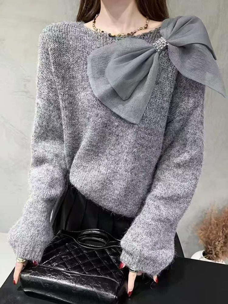 Elegant Bow Knit Sweater - Women's Fashionable Autumn/Winter Base Layer Knitwear