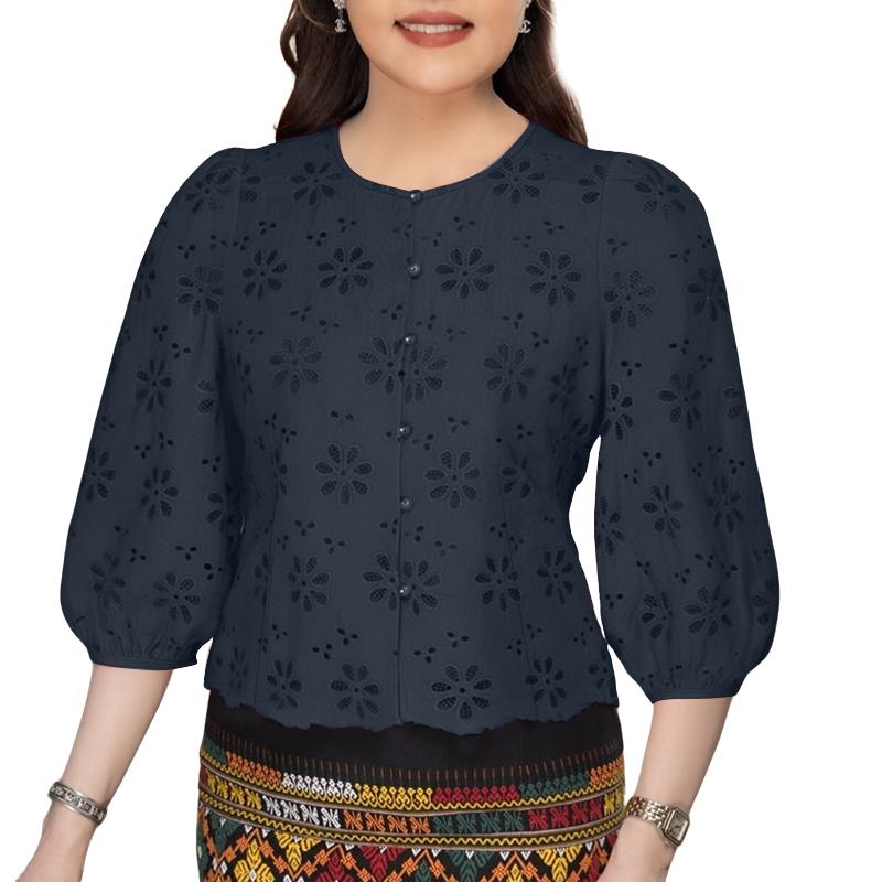 ZANZEA Women Casual O-neck 3/4 Sleeve Embroidery Lace Blouse