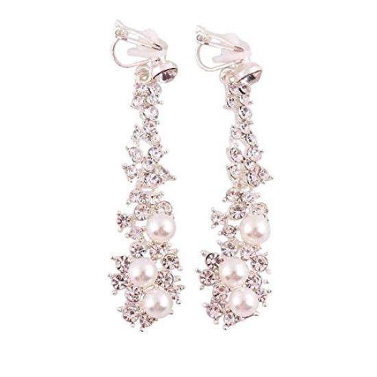 Long Pearl Bijou Earrings 1 Pair Silver 2 Pieces Left and Right Set Zirconia Crystal Ear Clip Charm Rhinestone / (color) CP158/SP