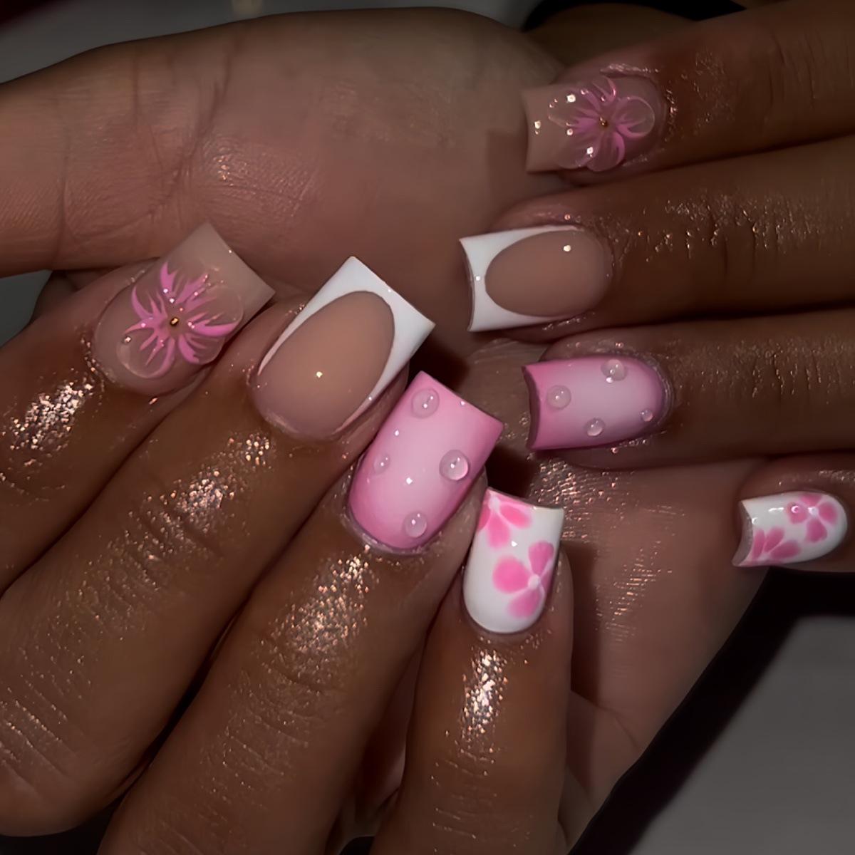 

Square False Nails with French White Tips & 3D Water Drop Flowers - Removable Press-On Nails