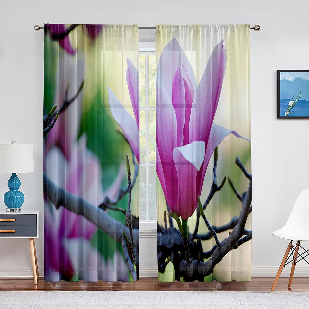 Weißer transparenter Vorhang mit Magnolienblumenmuster für Wohnzimmer, Küche, Fenster, Schlafzimmer, Dekoration, Blumen-Voile, zum Aufhängen, eleganter Tüllvorhang