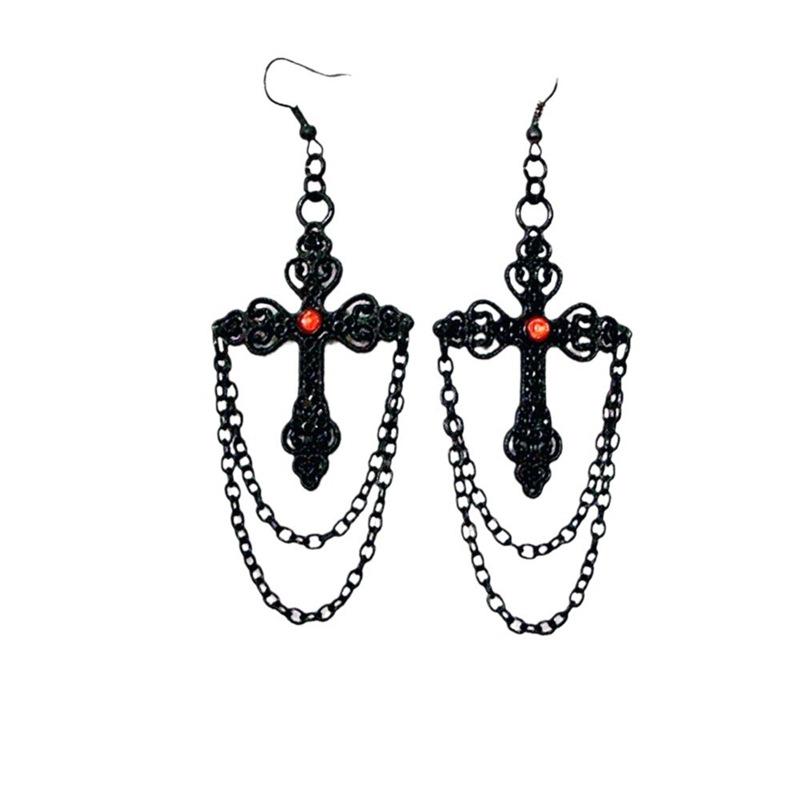 New Gothic Black Ruby Cross Long Chain Earrings
