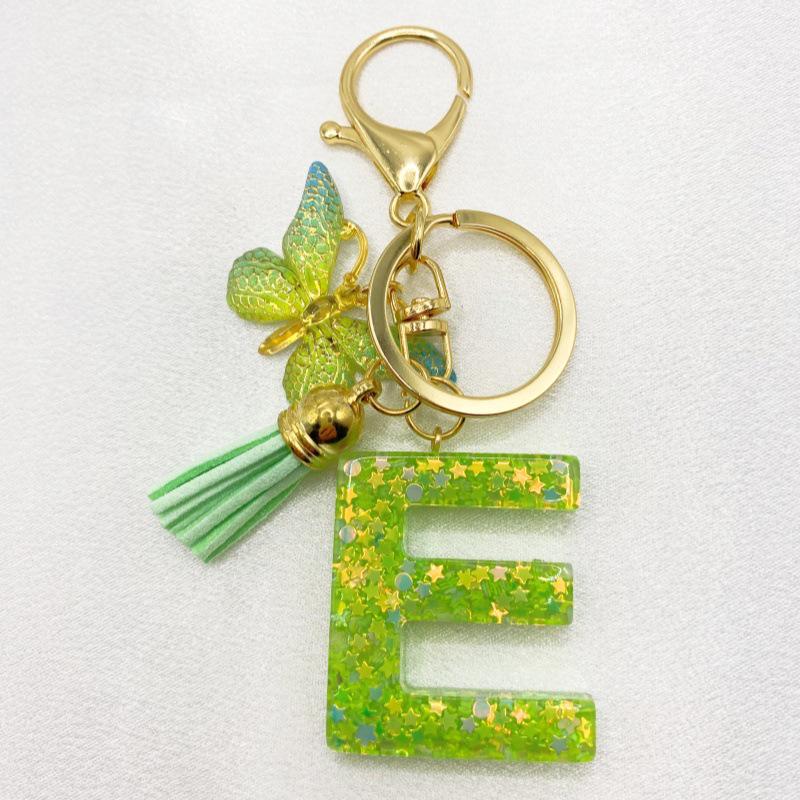 26-Letter Alphabet Resin Keychain with Star Sequins & Tassel Charm