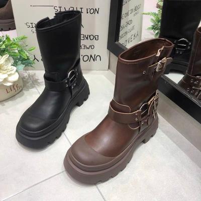 Μόδα Καινούρια Παπούτσια για Γυναίκες Slip on Γυναικείες Μπότες Φθινόπωρο Στρογγυλή Μύτη Μονόχρωμο Διακόσμηση με Αγκράφα Πλατφόρμα Αδιάβροχες Μέχρι τη Μέση της Γάμπας Δυτικές Μπότες