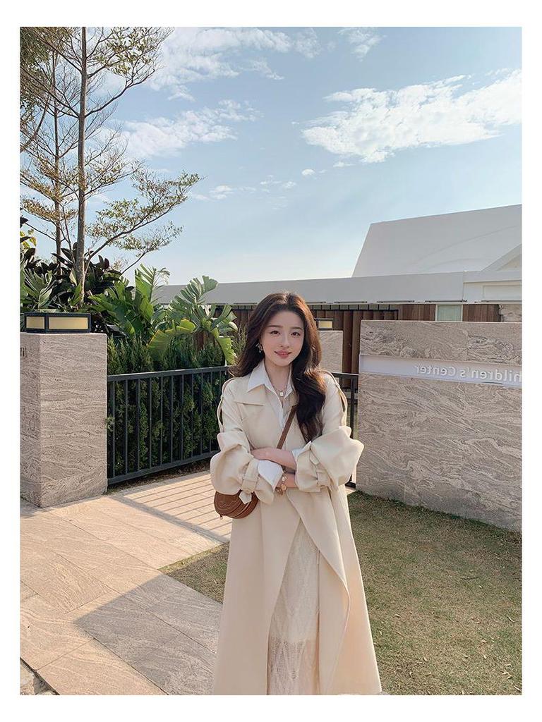 2025 Koreanischer Stil Langer Drapierter Trenchcoat - Elegantes Weiß für Frühling & Herbst