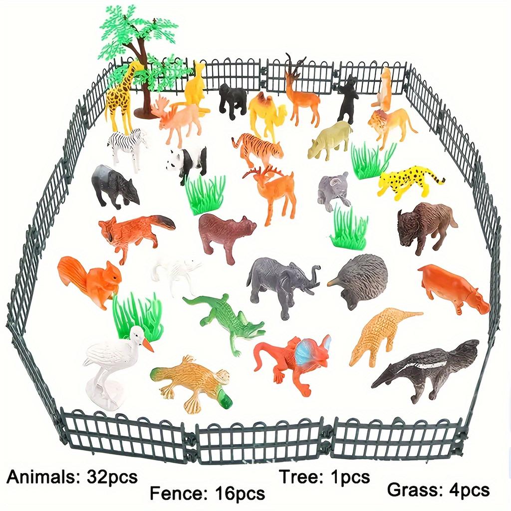 53pcs Mini Jungle Animal Figures Set - Educational Puzzle Toy with Fence & Tree for Youngsters' Birthday, Christmas & Party Learning Fun