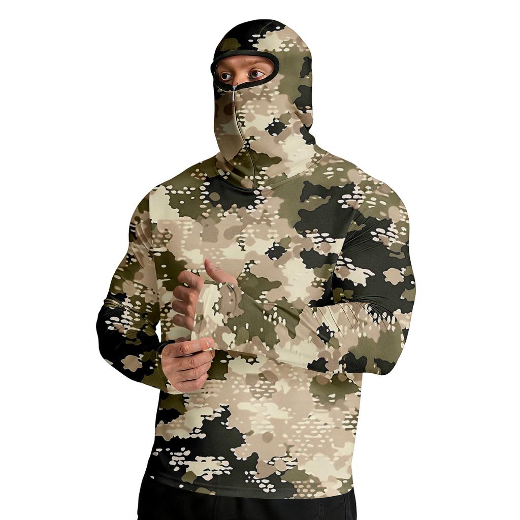Men Digital Camouflage Print Long Sleeve Hooded Pullover with Integrated Face Covering for Outdoor Activities