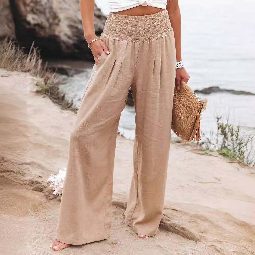 Pantaloni Casual da Donna con Coulisse, Vita Media, Gamba Larga da Spiaggia, Primavera ed Estate, Pantaloni Europei e Americani
