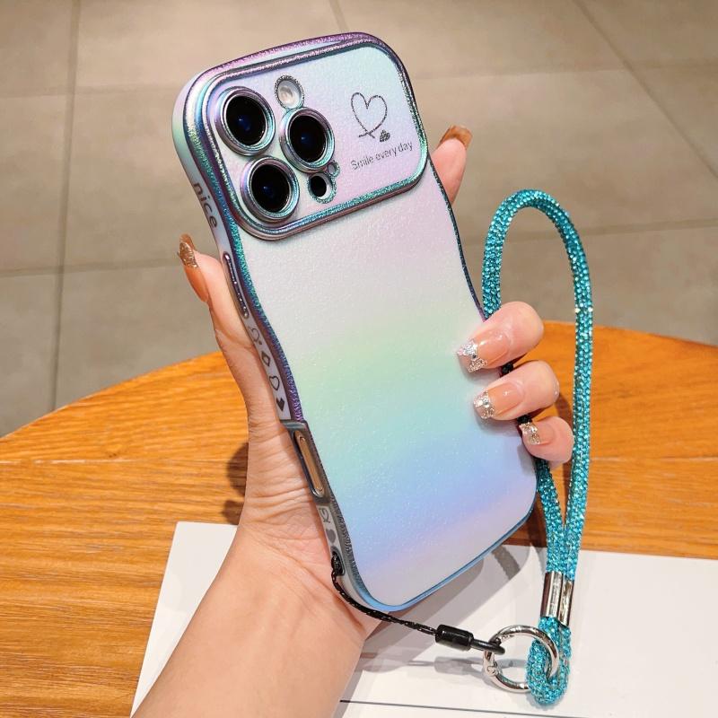 For iPhone 16 Pro Case with Strap TPU Phone Back Cover Dazzling Design Curly Shape Love Heart B