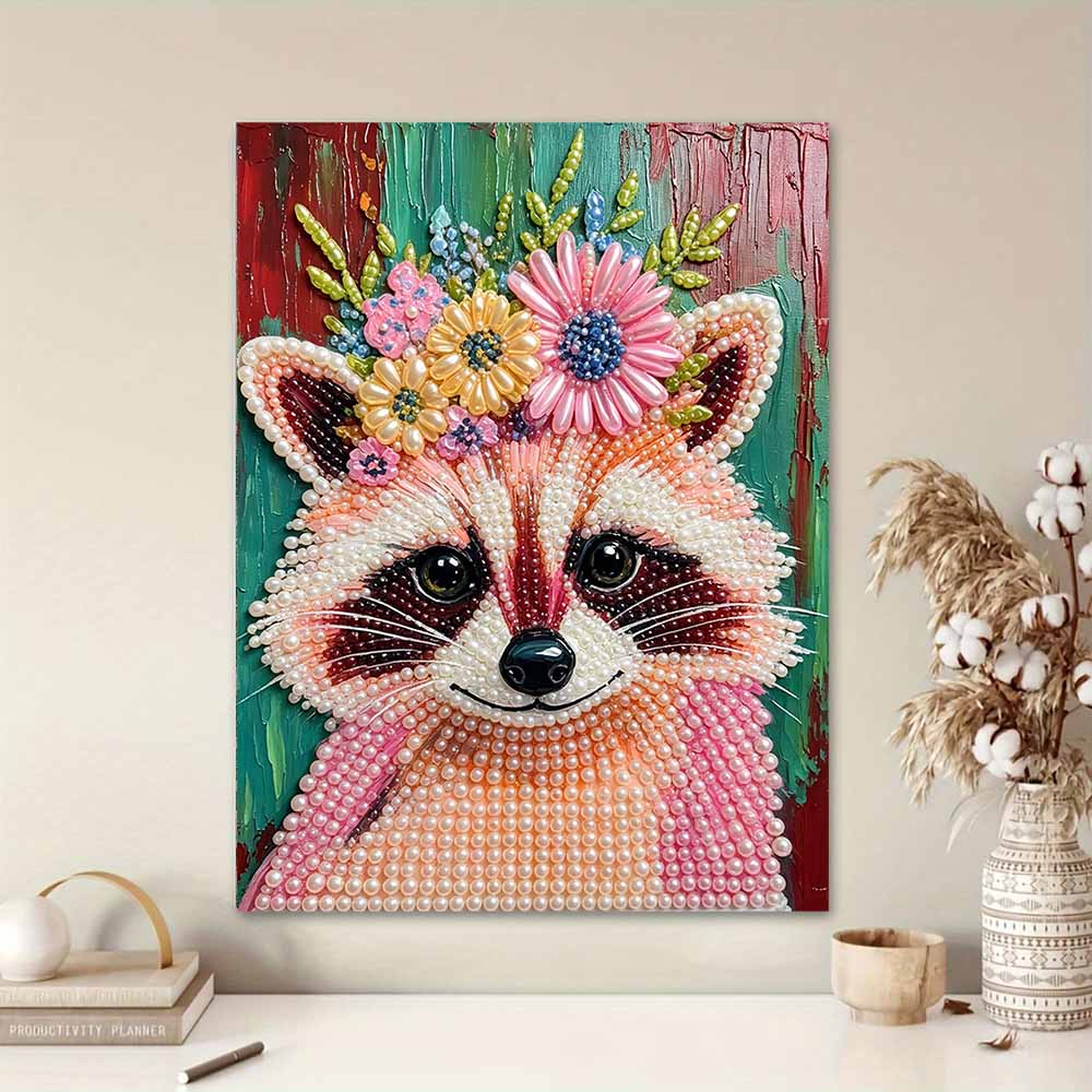 Pearl Painting DIY Kit Raccoon with Floral Crown Frameless Shiny Bead Canvas Creative Craft for Home Wall Decor Art Project Hobby Supplies