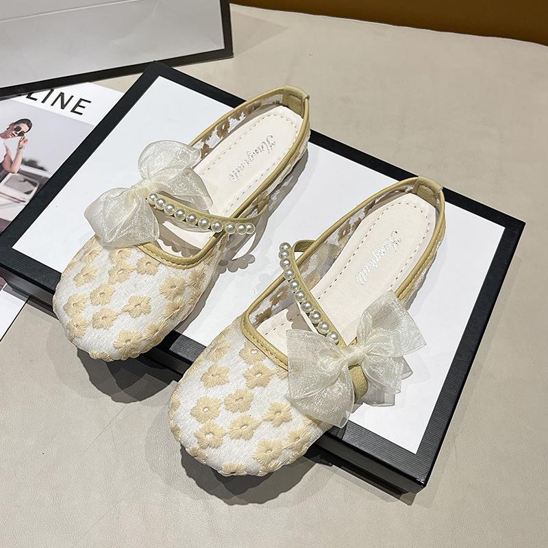 Women's shoes single shoes gentle bow summer thin mesh breathable one pedal flat lazy maternity shoes