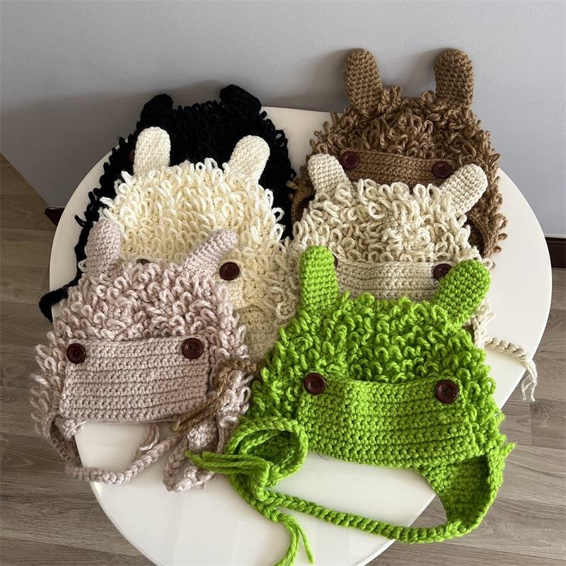 Cute Rabbit Ears Burr Feeling Hand Crocheted Male and Female Students Funny Cartoon Autumn and Winter Warm Pullover Hat