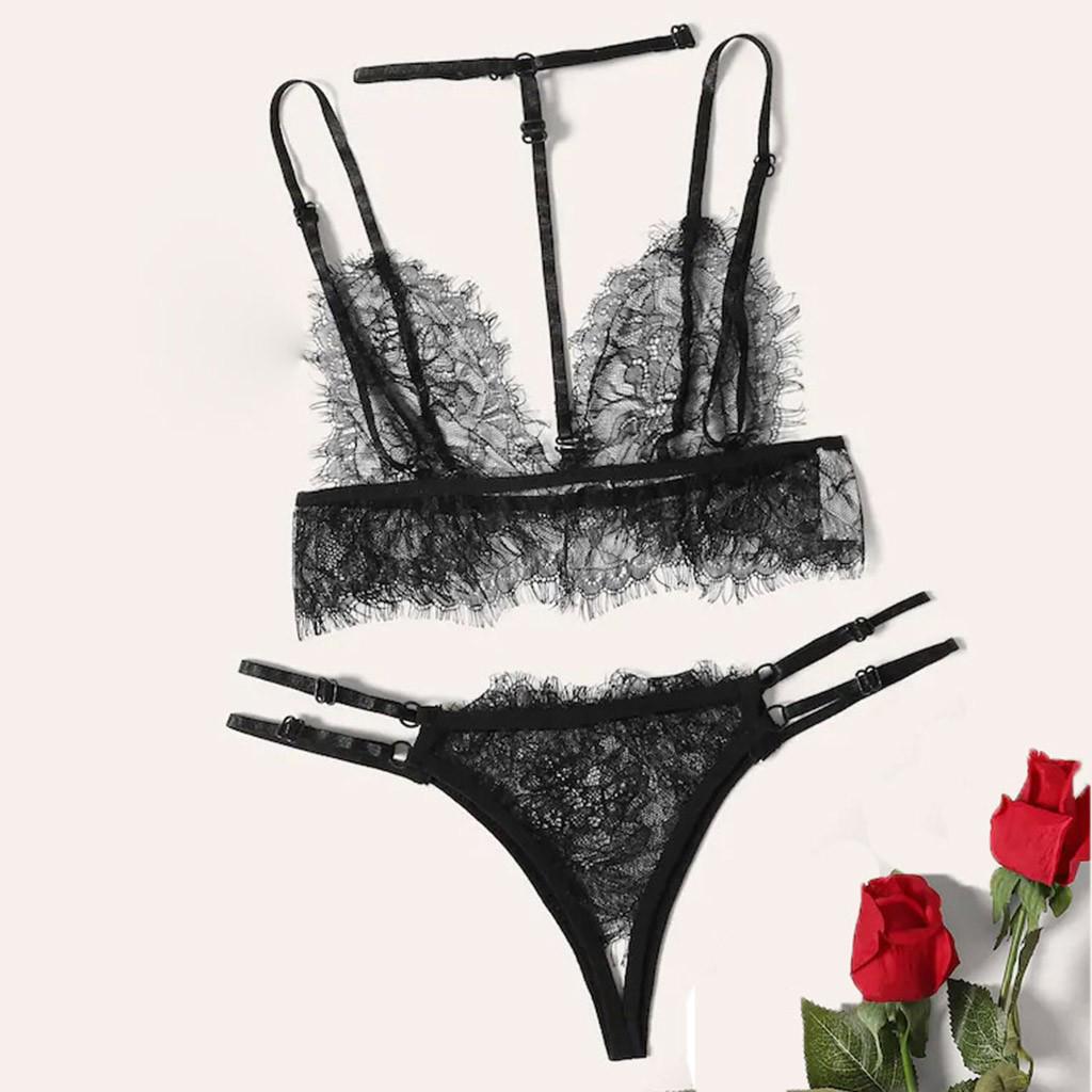 Women V-Neck Floral Lace  Bra Open Crotch Thong Black Lingerie Set S-2XL