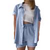 Women's Casual And Fashionable Solid Color Lapel Short Sleeved Shirt Top, High Waisted Drawstring Shorts Set