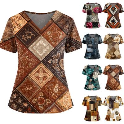 Women's Retro Printed V-Neck Double Pocket Short Sleeves Hem Slit  Uniform Caregiver Top