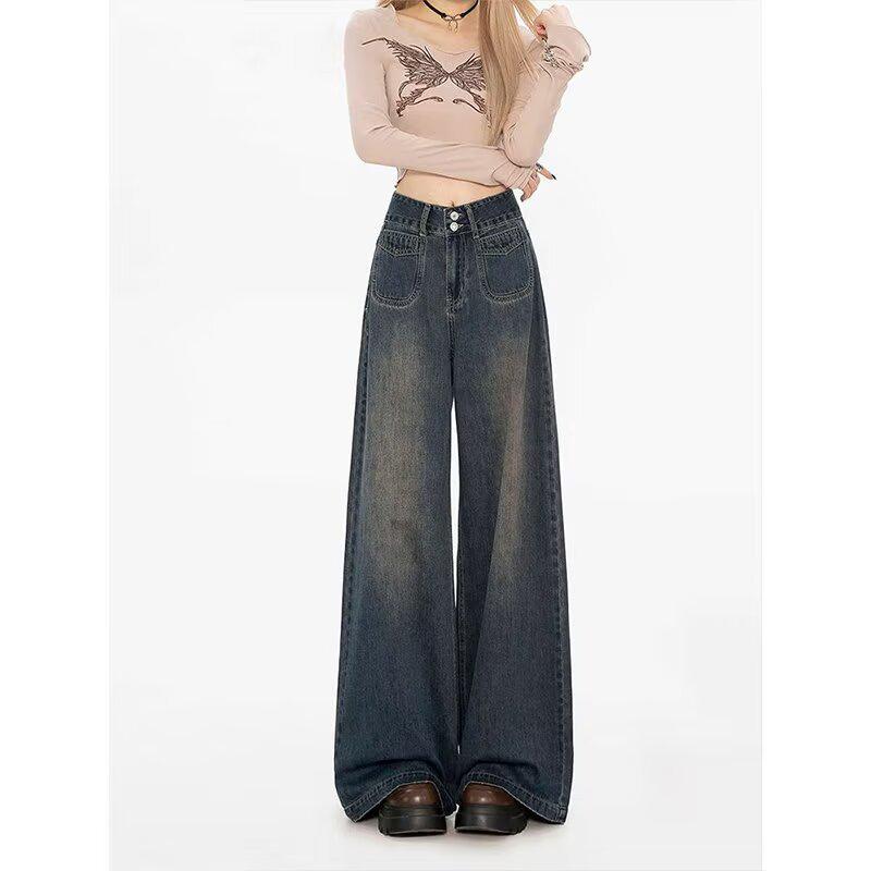 

Women s Retro Blue Wide-Leg Jeans - Plus Size, Flattering Loose Straight-Leg Pants for Chubby Pear Shapes, Autumn Fashion 3XL