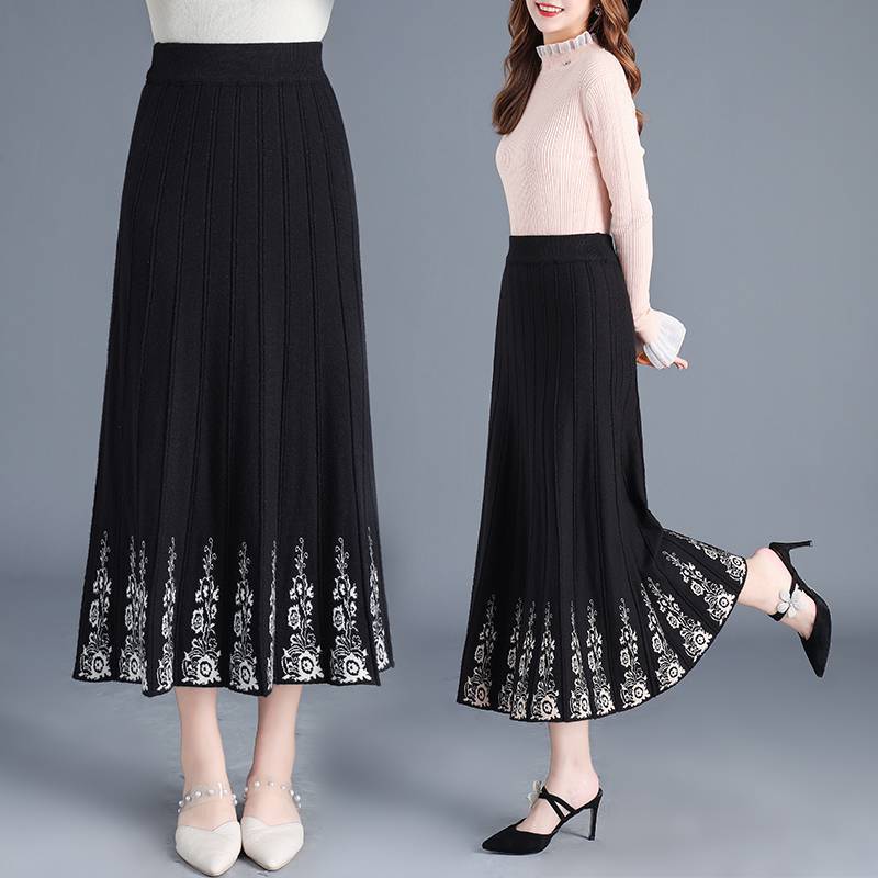 Kvinners fortykket A-linjeskjørt trykt strikkeskjørt høst og vinter etnisk stil høy midje