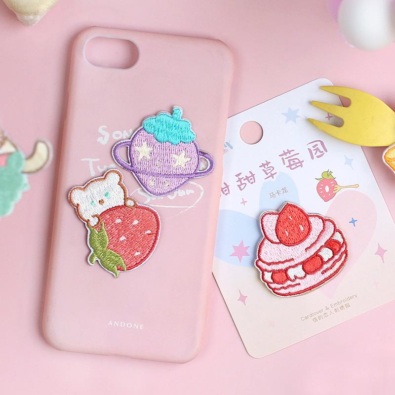 Self-Adhesive Japanese Cute Embroidery Cloth Sticker Hand Ledger Mobile Phone Case Strawberry Cake Embroidery Sticker Hole Patch Sticker