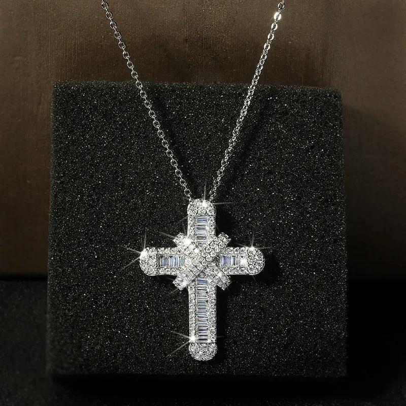 Luxury Women White Crystal Pendant Necklace Charm Color Chain Necklace for Women Cute Bridal Cross Wedding Necklace